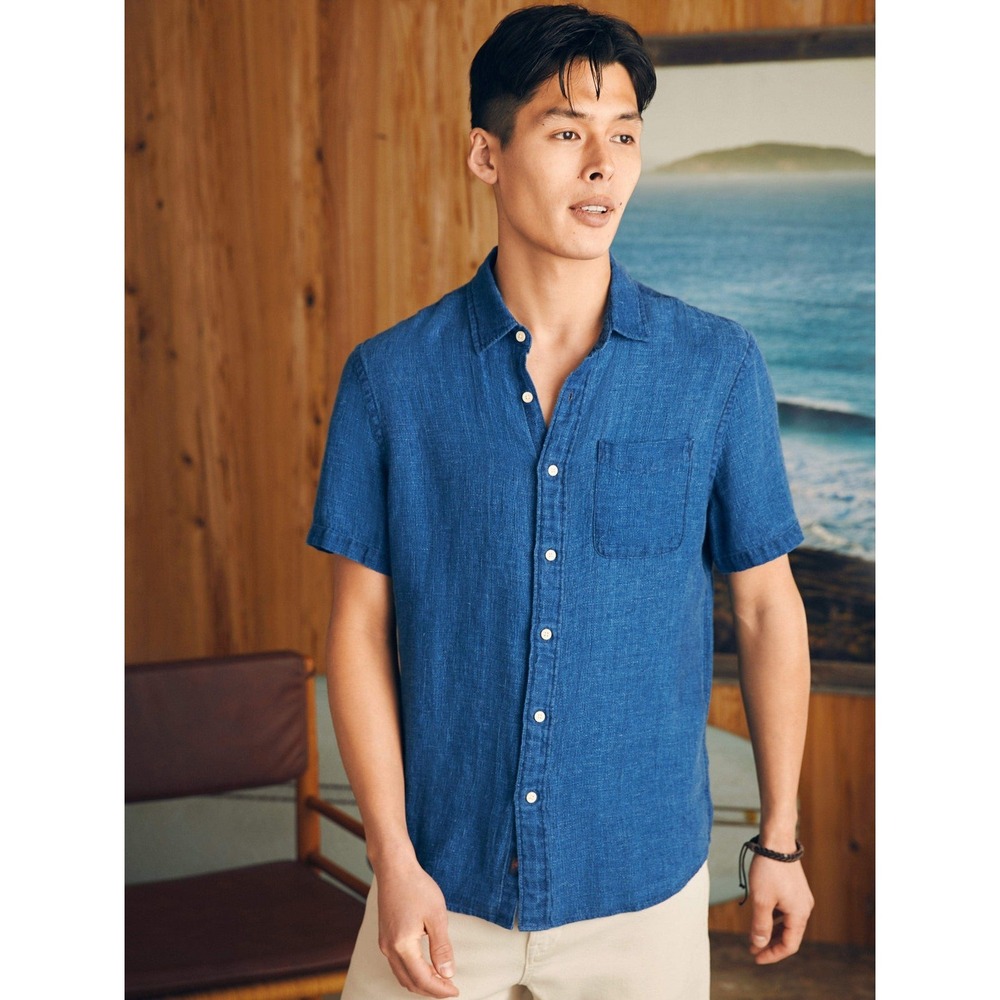 Faherty Brand Men's Short Sleeve Palma Linen Shirt Indigo Basketweave Medium NWT